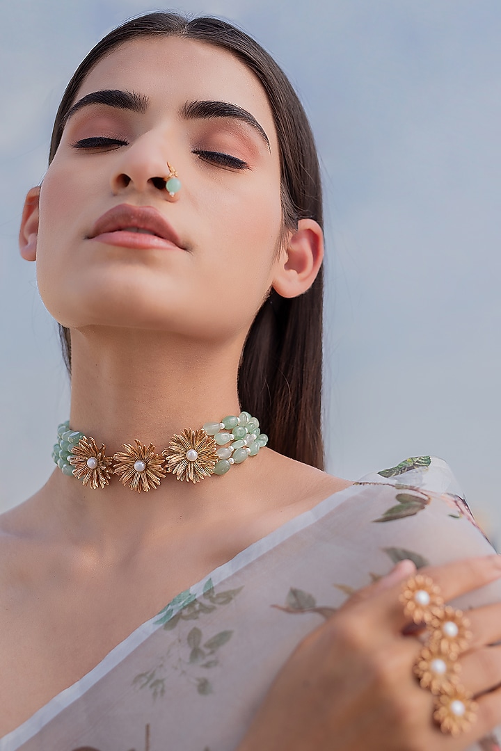 Rose Gold Finish Pearl & Crystal Handcrafted Floral Choker Necklace by PARISHRI at Pernia's Pop Up Shop