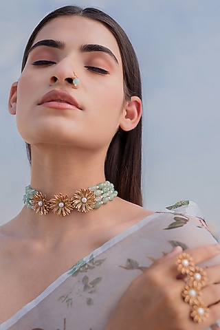 Rose Gold Finish Pearl & Crystal Handcrafted Floral Choker Necklace by PARISHRI