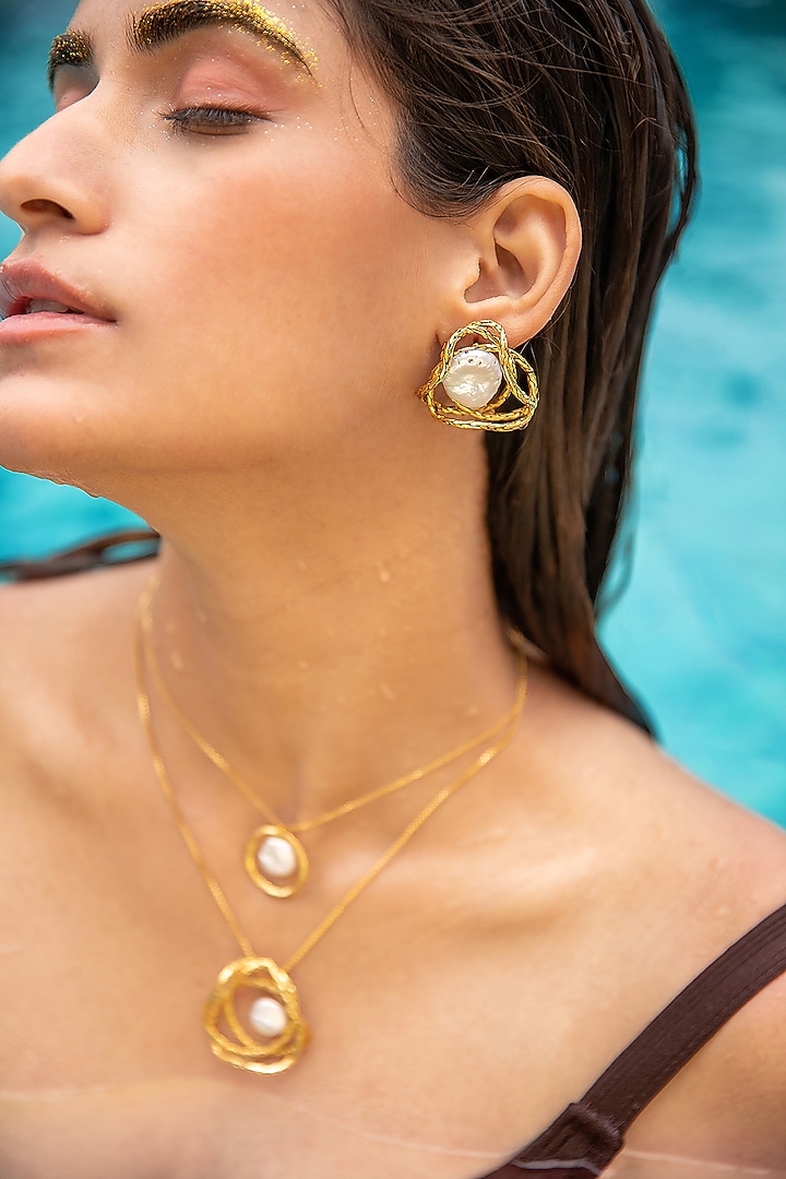 Gold Plated Freshwater Pearl Stud Earrings by PARISHRI at Pernia's Pop Up Shop