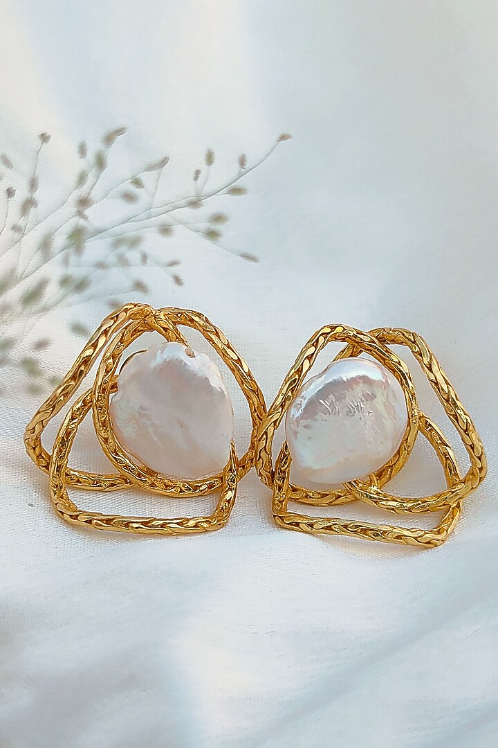 Gold Plated Freshwater Pearl Stud Earrings by PARISHRI at Pernia's Pop Up Shop