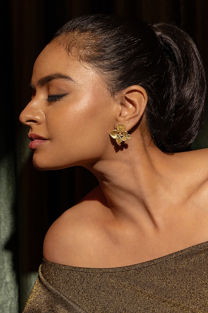 Gold Finish Stud Earrings by PARISHRI at Pernia's Pop Up Shop