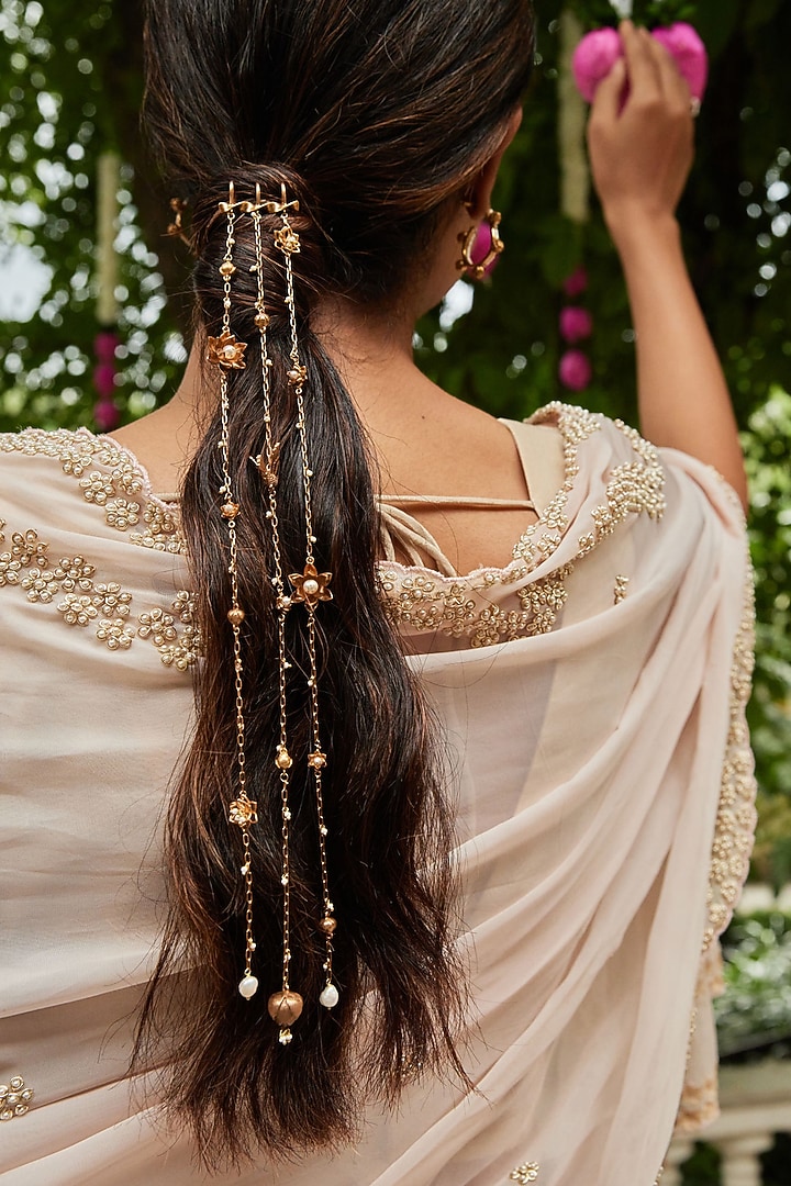 Antique Gold Finish Floral & Pearl Hair Chain by PARISHRI at Pernia's Pop Up Shop