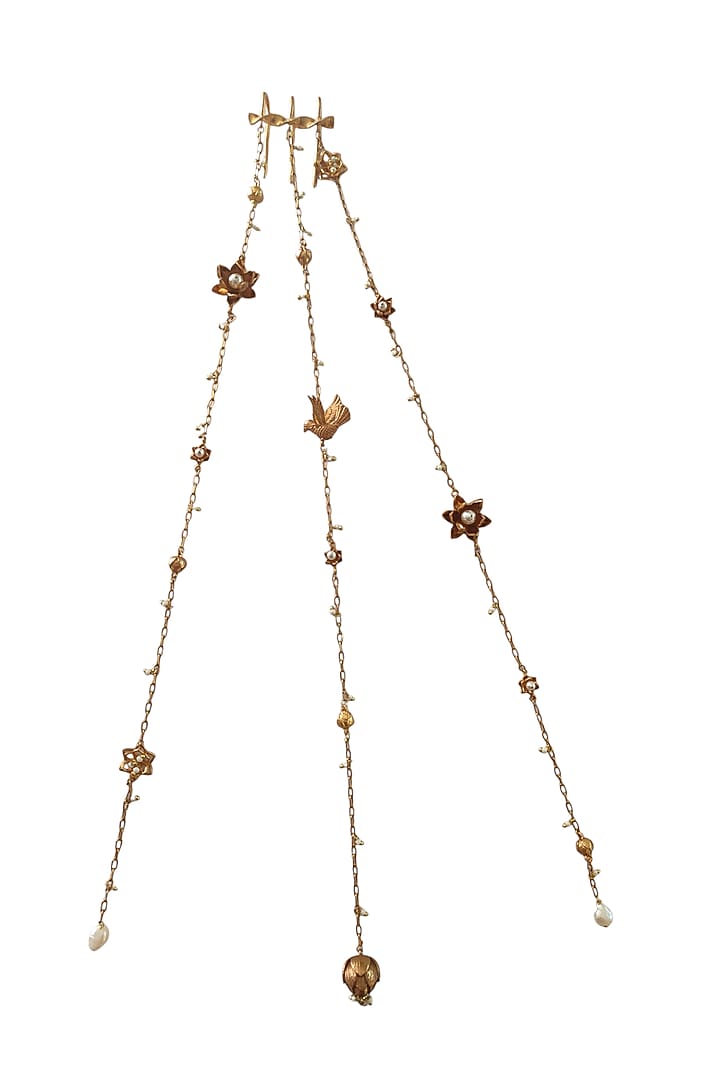 Antique Gold Finish Floral & Pearl Hair Chain by PARISHRI at Pernia's Pop Up Shop