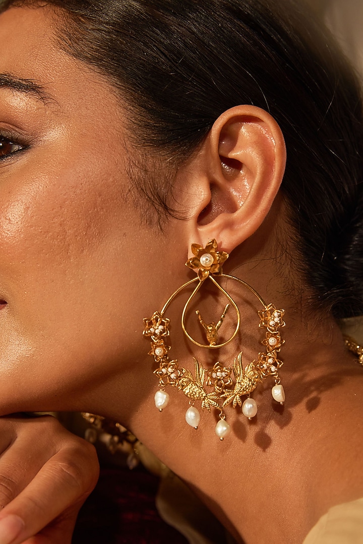 Antique Gold Finish Bird Charm Chandbali Earrings by PARISHRI at Pernia's Pop Up Shop