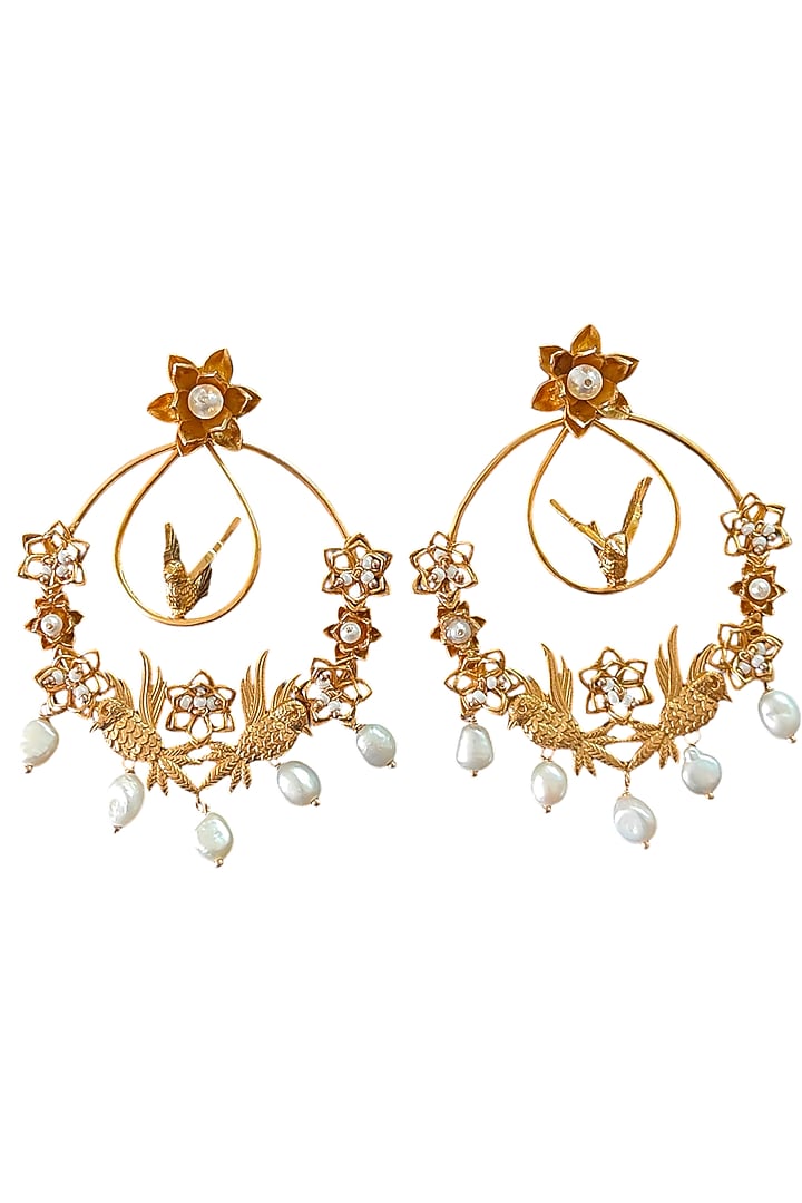 Antique Gold Finish Bird Charm Chandbali Earrings by PARISHRI at Pernia's Pop Up Shop