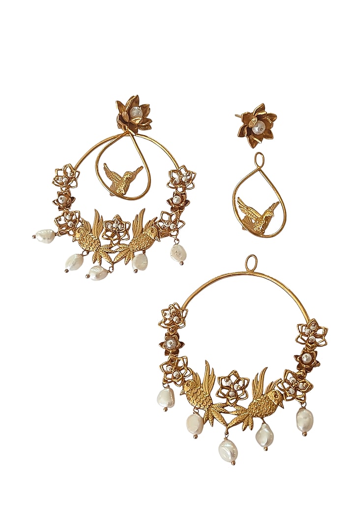 Antique Gold Finish Bird Charm Chandbali Earrings by PARISHRI at Pernia's Pop Up Shop