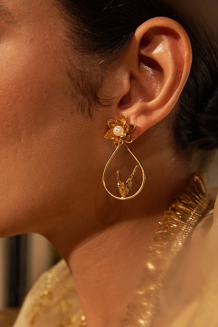 Antique Gold Finish Bird Charm Chandbali Earrings by PARISHRI at Pernia's Pop Up Shop