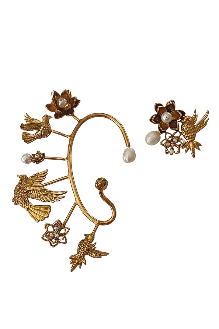 Antique Gold Finish Floral & Bird Motif Mismatch Earcuff by PARISHRI at Pernia's Pop Up Shop