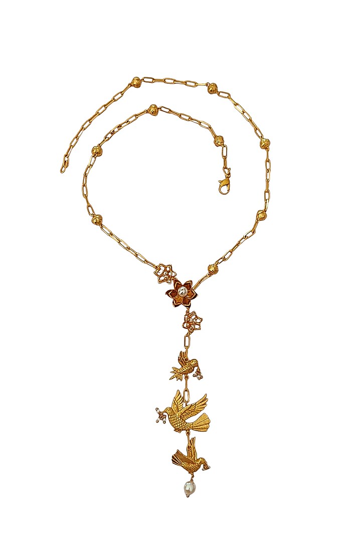 Antique Gold Finish Bird & Floral Charm Drop Down Necklace by PARISHRI at Pernia's Pop Up Shop