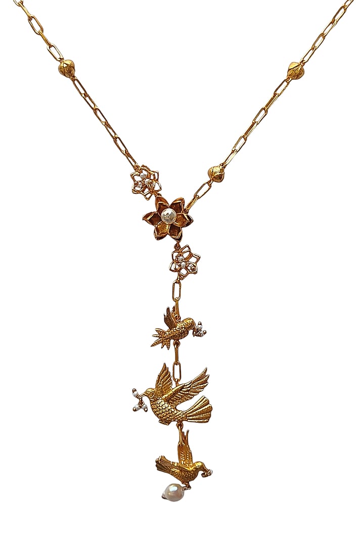 Antique Gold Finish Bird & Floral Charm Drop Down Necklace by PARISHRI at Pernia's Pop Up Shop