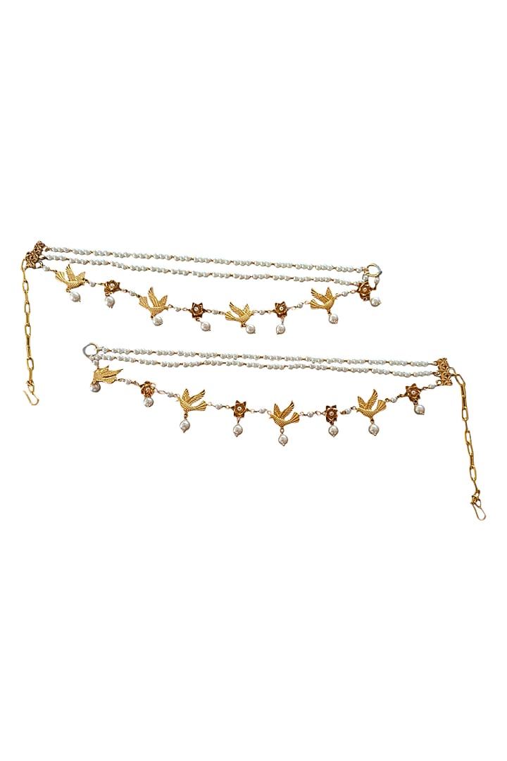 Antique Gold Finish Pearl Flying Bird Ear Chains by PARISHRI at Pernia's Pop Up Shop