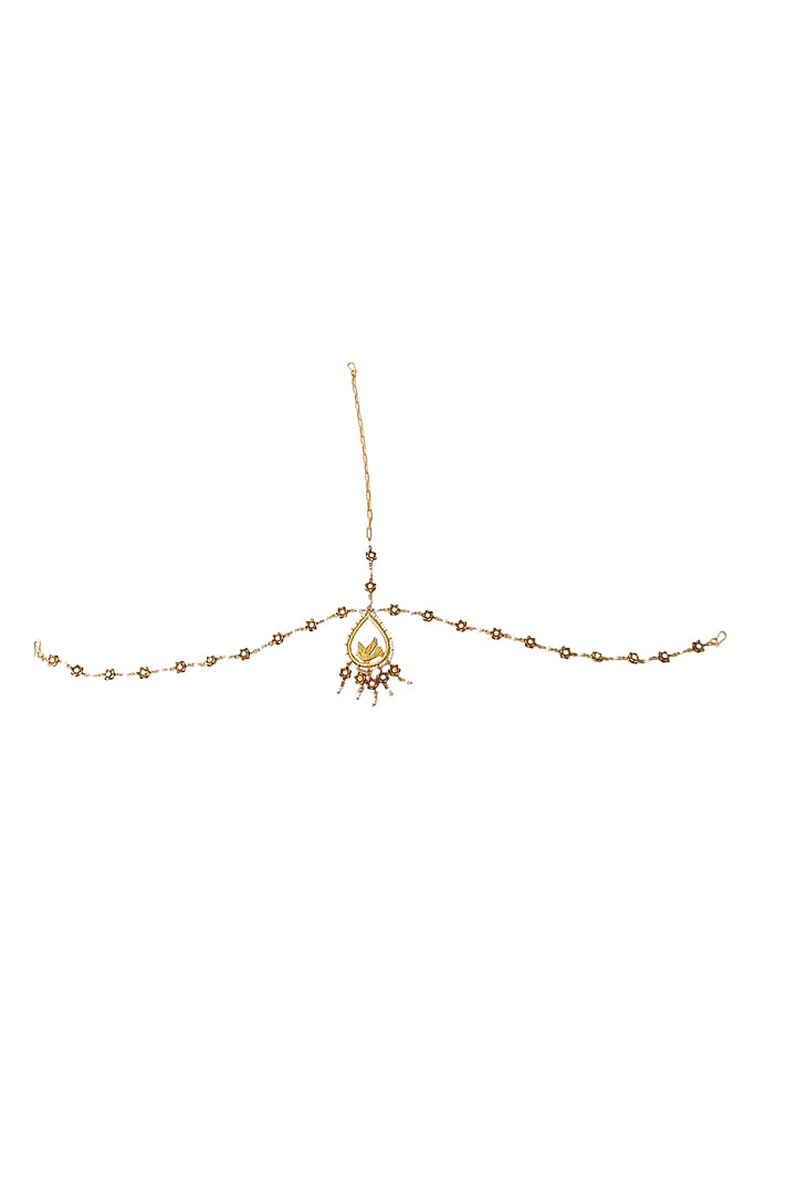 Antique Gold Finish Pearl & Flying Bird Motif Charm Mathapatti by PARISHRI at Pernia's Pop Up Shop