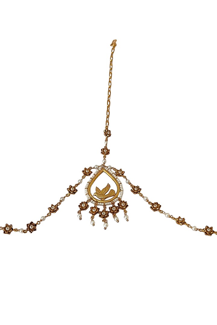 Antique Gold Finish Pearl & Flying Bird Motif Charm Mathapatti by PARISHRI at Pernia's Pop Up Shop