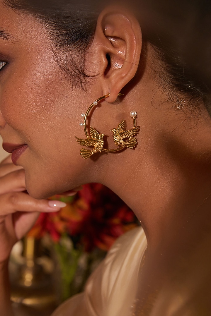 Antique Gold Finish Love Bird Hoop Earrings by PARISHRI at Pernia's Pop Up Shop