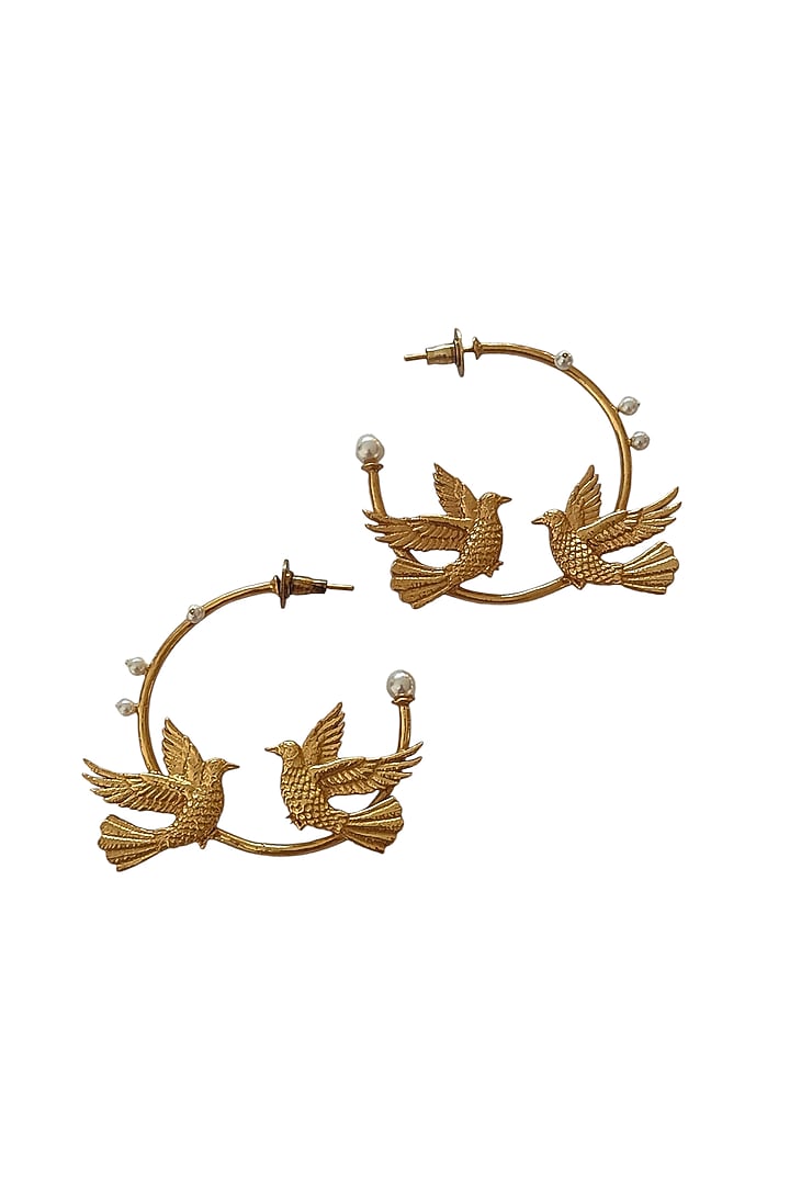 Antique Gold Finish Love Bird Hoop Earrings by PARISHRI at Pernia's Pop Up Shop