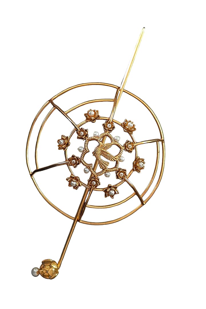 Antique Gold Finish Lotus Flower & Flying Bird Bun Accessory by PARISHRI at Pernia's Pop Up Shop