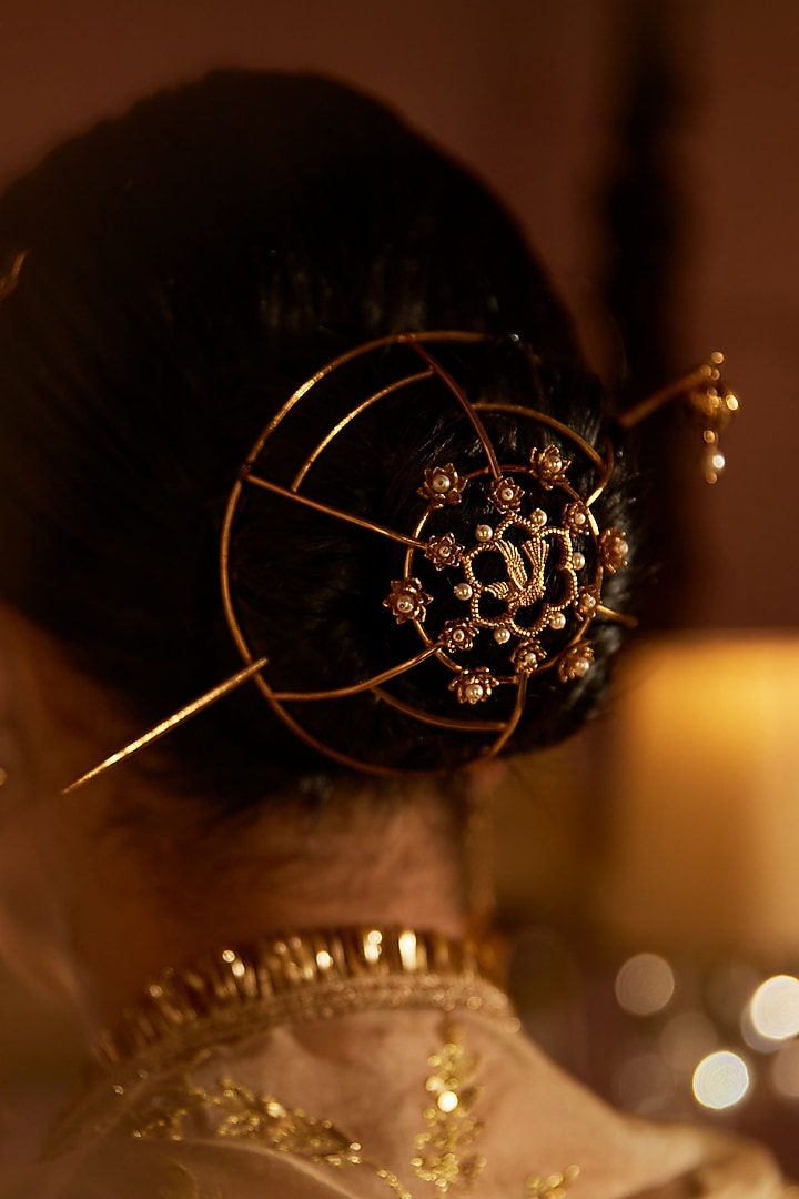 Antique Gold Finish Lotus Flower & Flying Bird Bun Accessory by PARISHRI at Pernia's Pop Up Shop