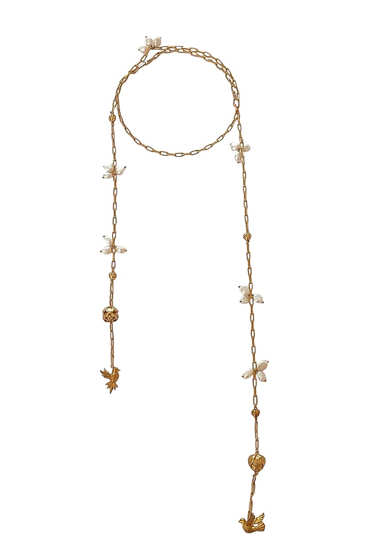Antique Gold Finish Freshwater Pearl & Flying Bird Chain String Stole by PARISHRI at Pernia's Pop Up Shop