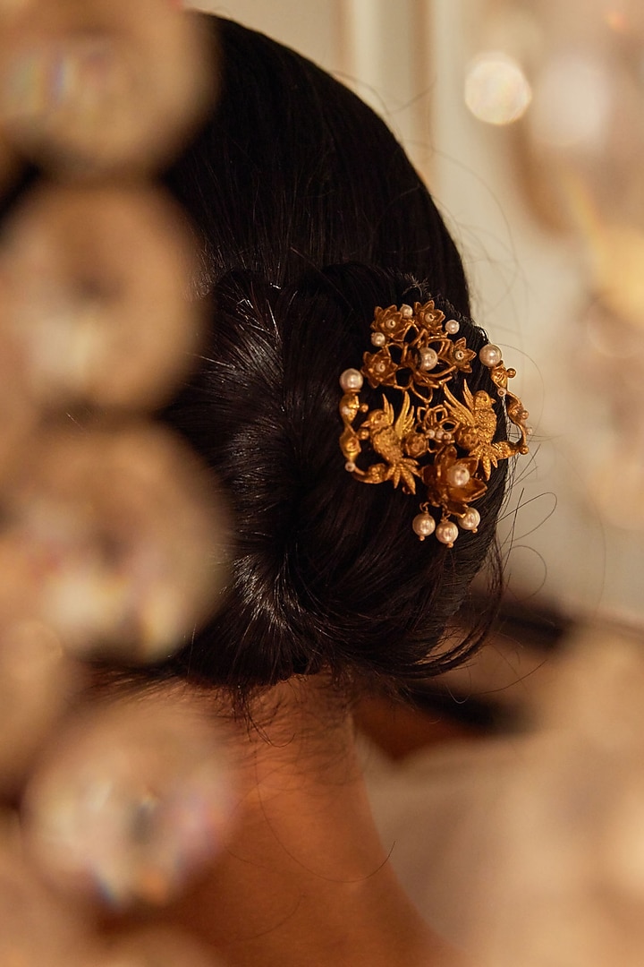 Antique Gold Finish Bird & Floral Hair Pin by PARISHRI at Pernia's Pop Up Shop