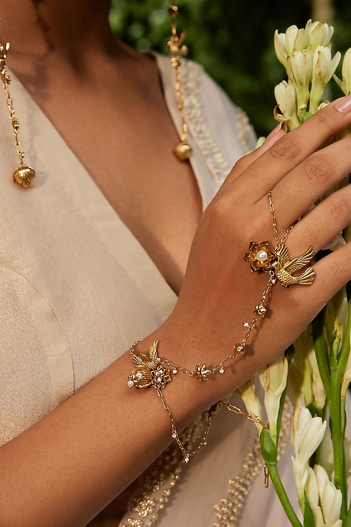 Antique Gold Finish Lotus Motif & Bird Hathphool by PARISHRI at Pernia's Pop Up Shop