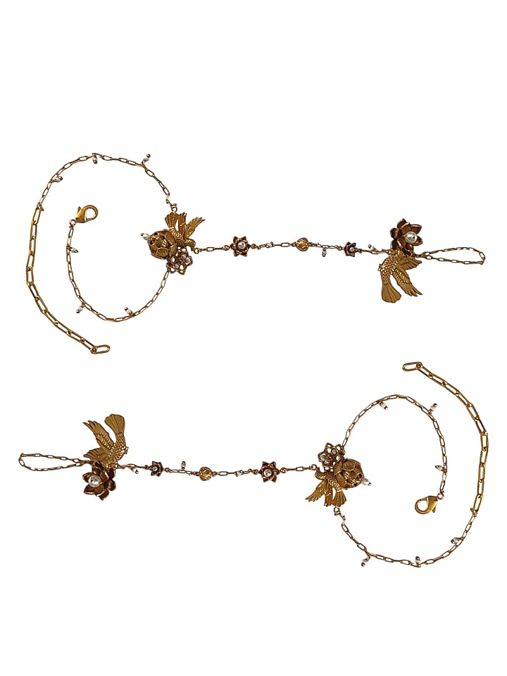 Antique Gold Finish Lotus Motif & Bird Hathphool (Set Of 2) by PARISHRI at Pernia's Pop Up Shop