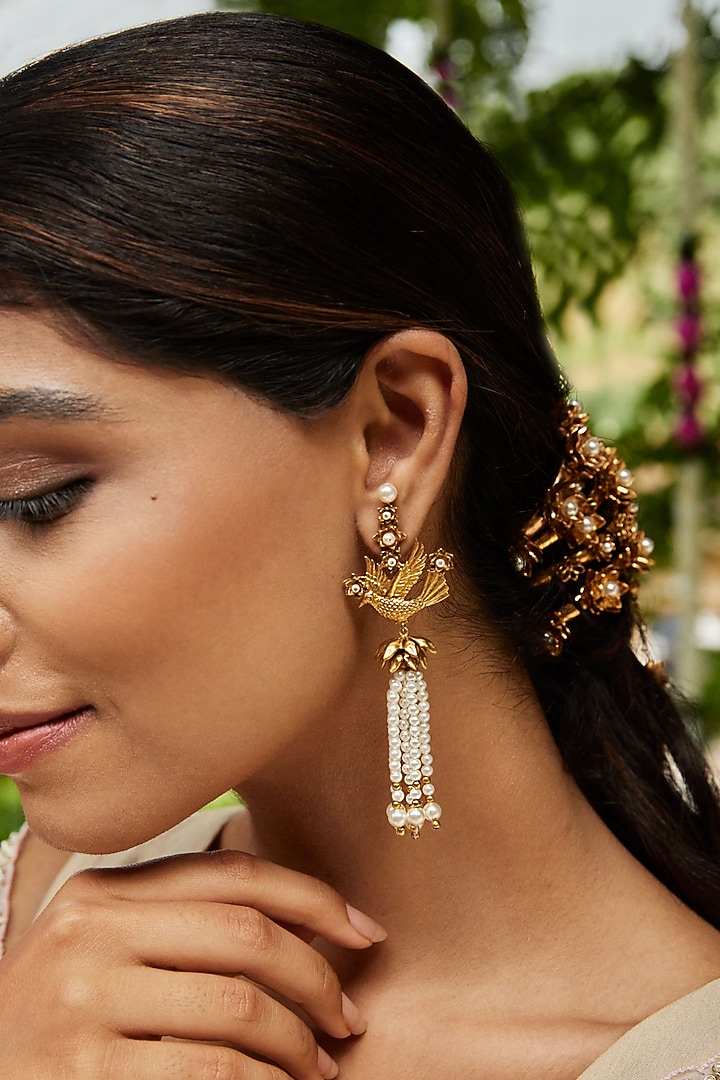 Antique Gold Finish Hand-Beaded Pearl Tassel Dangler Earrings by PARISHRI at Pernia's Pop Up Shop