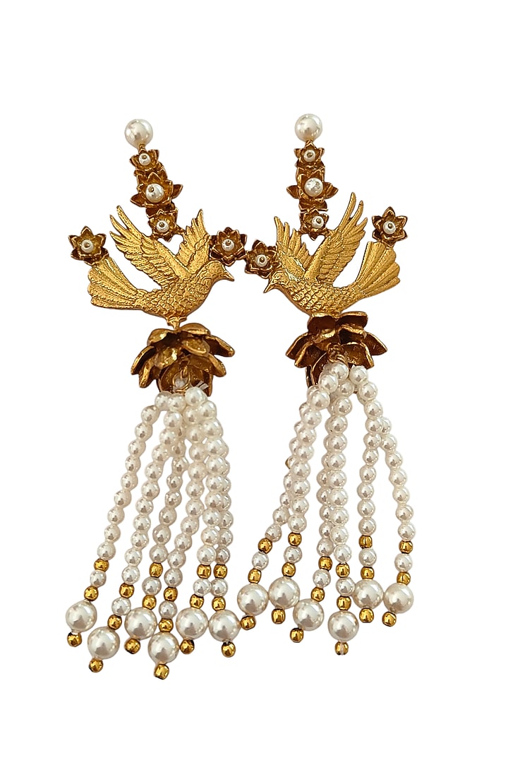 Antique Gold Finish Hand-Beaded Pearl Tassel Dangler Earrings by PARISHRI at Pernia's Pop Up Shop