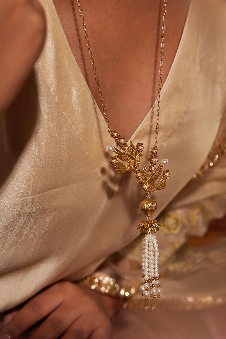 Antique Gold Finish Hand-Beaded Pearl Tassel Necklace by PARISHRI at Pernia's Pop Up Shop