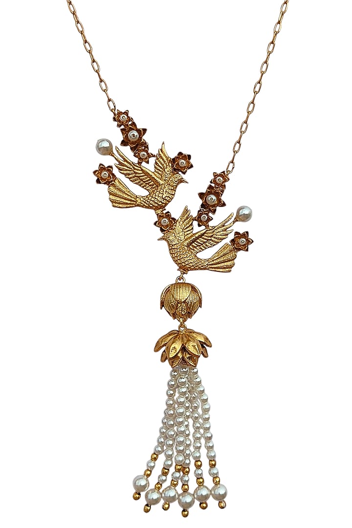 Antique Gold Finish Hand-Beaded Pearl Tassel Necklace by PARISHRI at Pernia's Pop Up Shop