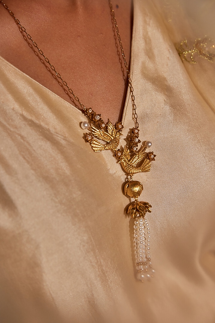 Antique Gold Finish Hand-Beaded Pearl Tassel Necklace by PARISHRI at Pernia's Pop Up Shop