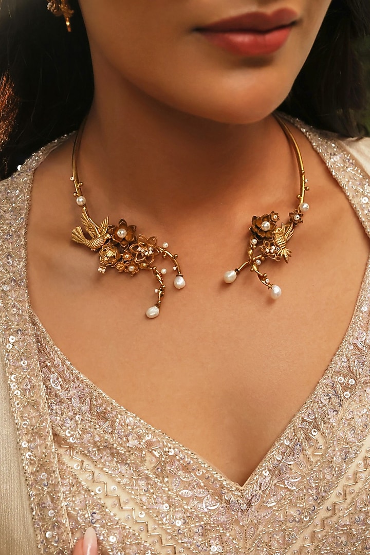 Antique Gold Finish Flora & Fauna Motif Hasli Necklace by PARISHRI at Pernia's Pop Up Shop