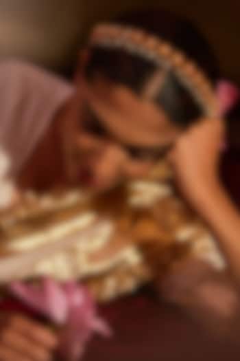 Antique Gold Finish Pearl Embedded Lotus Sheeshpatti by PARISHRI at Pernia's Pop Up Shop