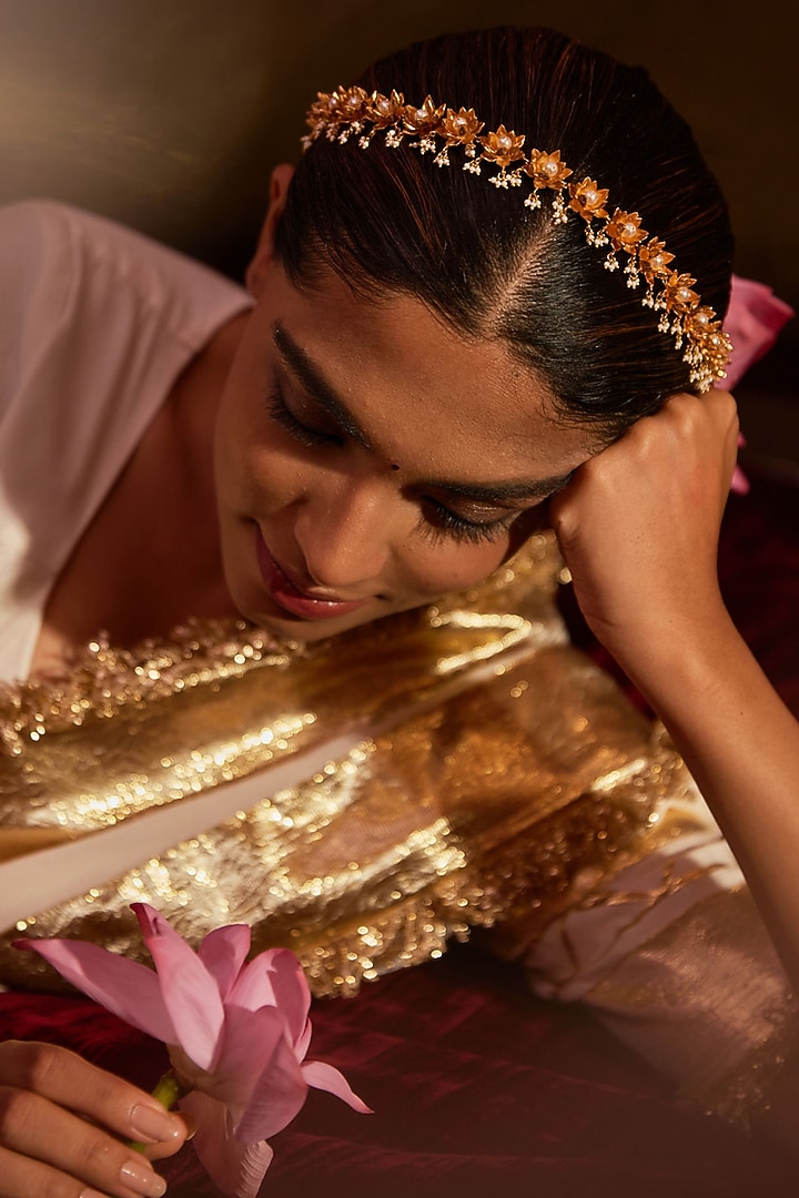 Antique Gold Finish Pearl Embedded Lotus Sheeshpatti by PARISHRI at Pernia's Pop Up Shop