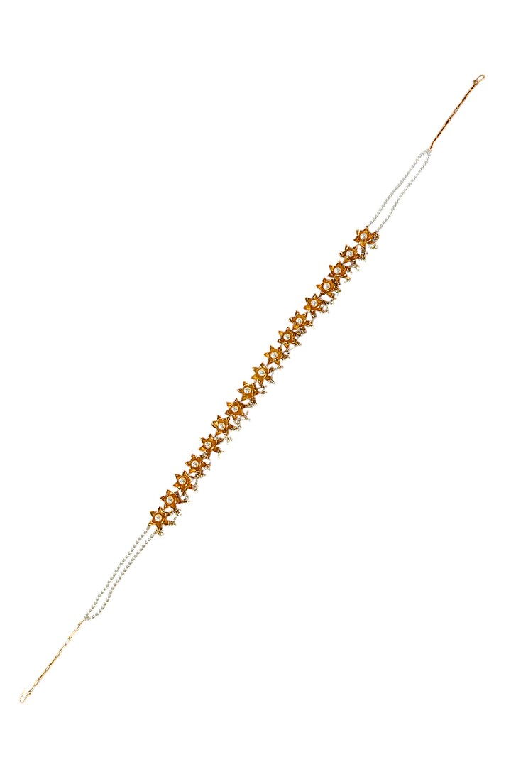 Antique Gold Finish Pearl Embedded Lotus Sheeshpatti by PARISHRI at Pernia's Pop Up Shop