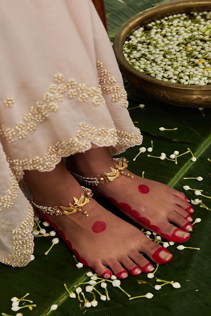 Antique Gold Finish Love Bird Motif & Pearl Anklets (Set Of 2) by PARISHRI at Pernia's Pop Up Shop