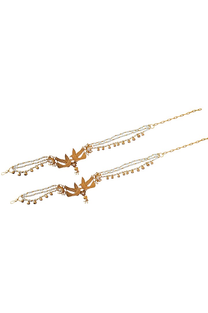 Antique Gold Finish Love Bird Motif & Pearl Anklets (Set Of 2) by PARISHRI at Pernia's Pop Up Shop