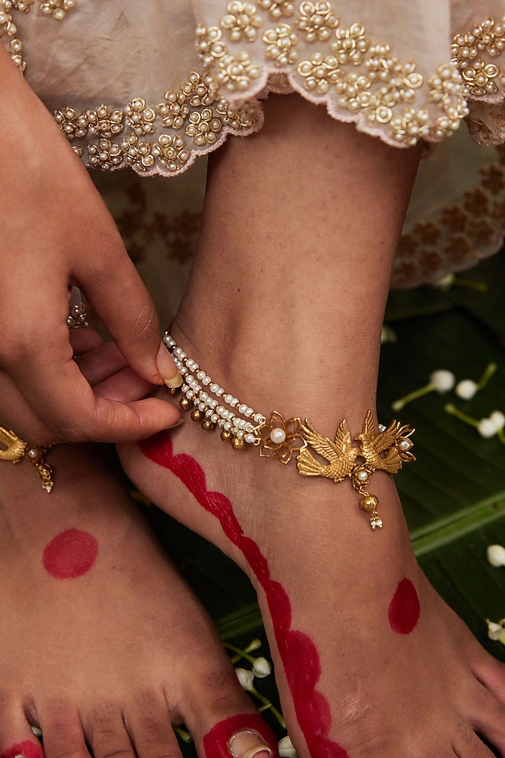 Antique Gold Finish Love Bird Motif & Pearl Anklets (Set Of 2) by PARISHRI at Pernia's Pop Up Shop