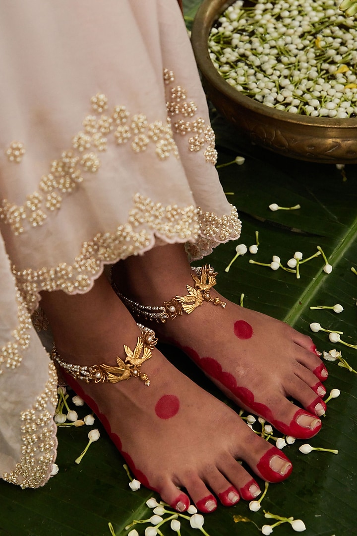 Antique Gold Finish Love Bird Motif & Pearl Anklets (Set Of 2) by PARISHRI at Pernia's Pop Up Shop