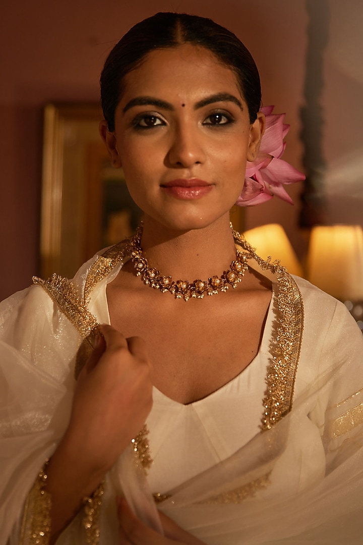 Antique Gold Finish Pearl Lotus Choker Necklace by PARISHRI at Pernia's Pop Up Shop