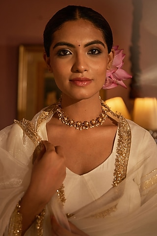 Antique Gold Finish Pearl Lotus Choker Necklace by PARISHRI