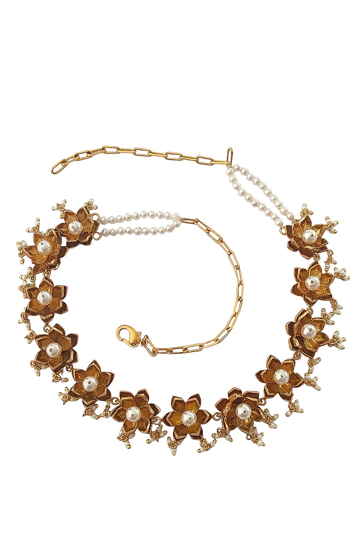 Antique Gold Finish Pearl Lotus Choker Necklace by PARISHRI at Pernia's Pop Up Shop