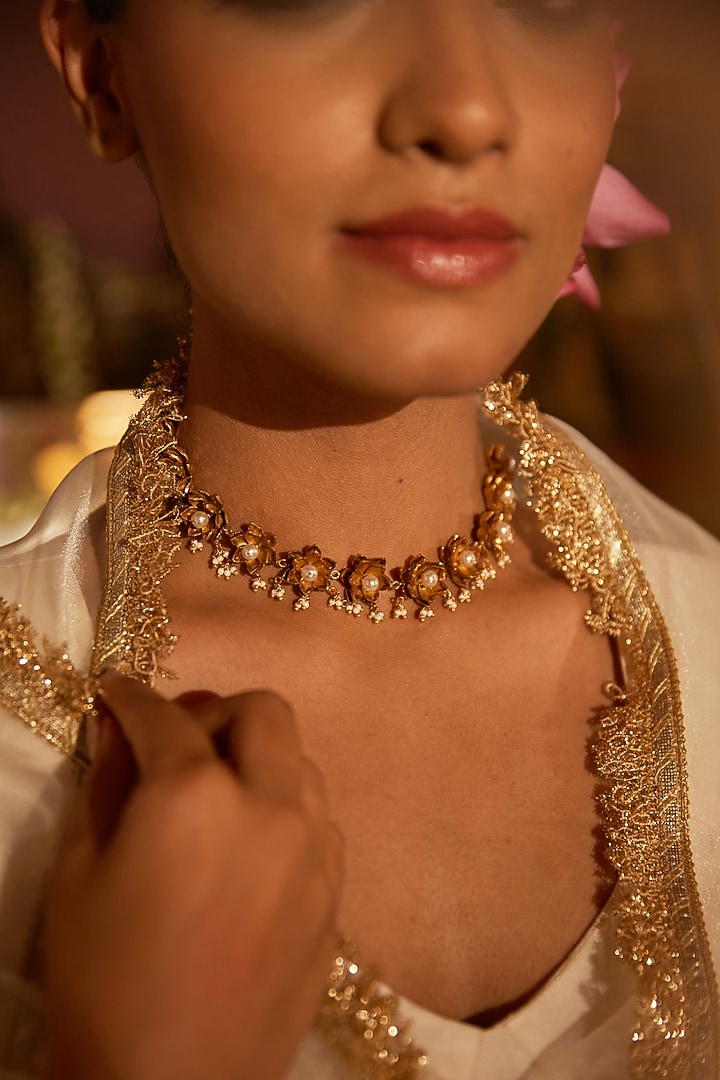 Antique Gold Finish Pearl Lotus Choker Necklace by PARISHRI at Pernia's Pop Up Shop