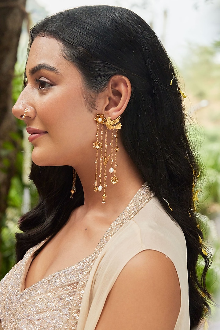 Antique Gold Finish Flying Bird Chandelier Earrings by PARISHRI at Pernia's Pop Up Shop