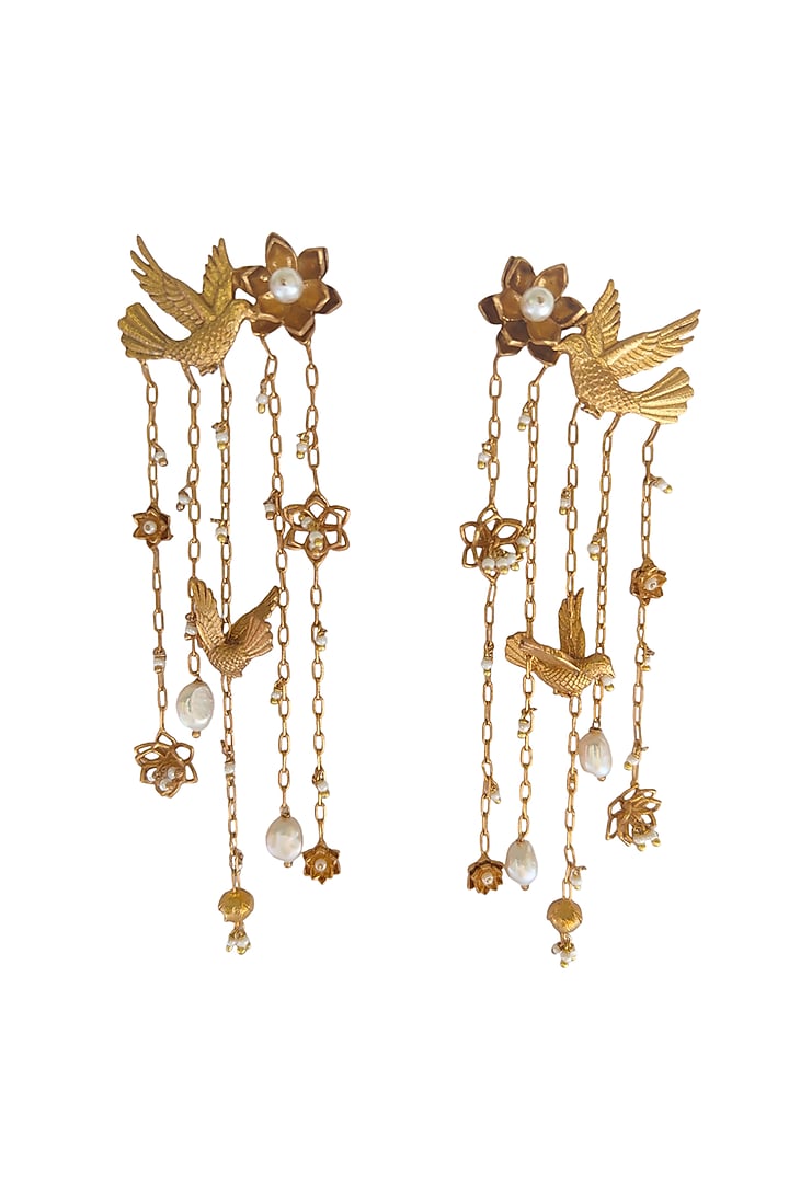 Antique Gold Finish Flying Bird Chandelier Earrings by PARISHRI at Pernia's Pop Up Shop