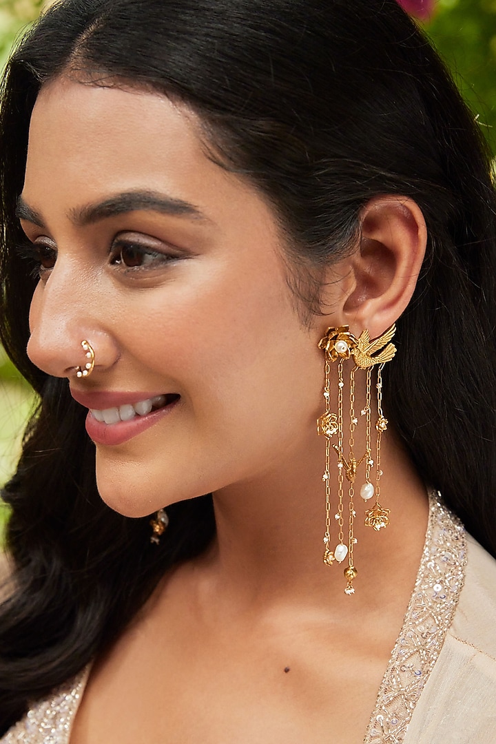 Antique Gold Finish Flying Bird Chandelier Earrings by PARISHRI at Pernia's Pop Up Shop