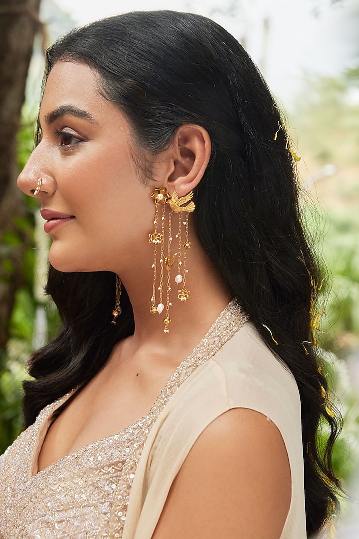 Antique Gold Finish Flying Bird Chandelier Earrings by PARISHRI at Pernia's Pop Up Shop