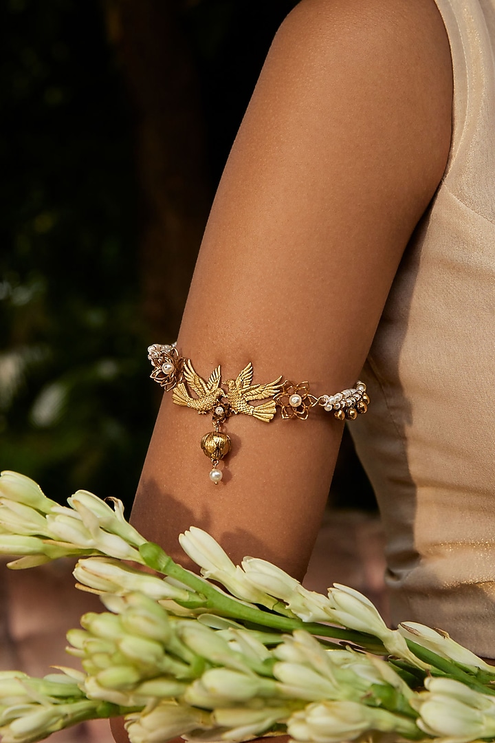 Antique Gold Finish Bird & Pearl Armlet by PARISHRI at Pernia's Pop Up Shop