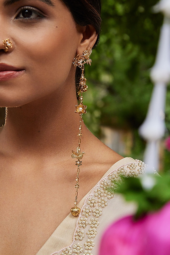 Antique Gold Finish Lotus Motifs & Pearl Embellished Dangler Earrings by PARISHRI at Pernia's Pop Up Shop