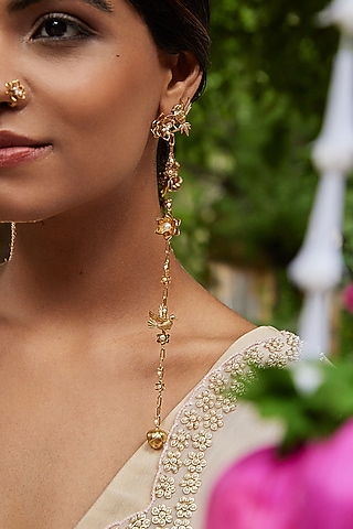 Antique Gold Finish Lotus Motifs & Pearl Embellished Dangler Earrings by PARISHRI