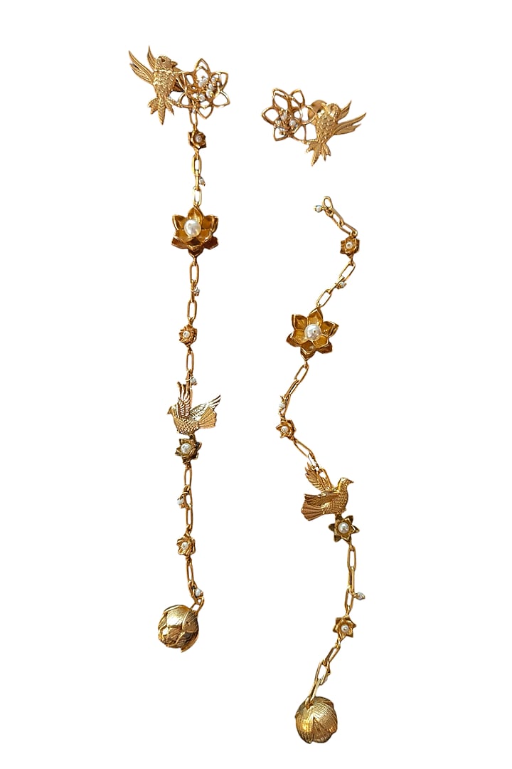 Antique Gold Finish Lotus Motifs & Pearl Embellished Dangler Earrings by PARISHRI at Pernia's Pop Up Shop